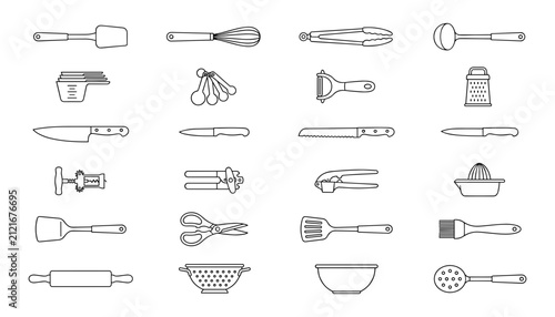 Fotografía Kitchen Utensils Outline Icon Set with Knives, Whisks, Spatulas, Graters, Scisso