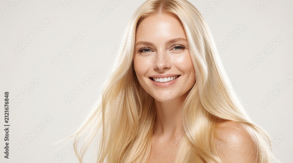 Naklejka premium Young happy blonde woman with long healthy hair smiles at camera. Female person shows clean glowing facial skin perfect white teeth natural make up style. Beautiful lady enjoys beauty session in pro