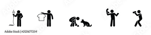 Stickman vector set: person with dog, with clothes, with electronic appliance, with smartphone, and with camera. Minimalist black silhouettes on transparent background. Everyday lifestyle collection.