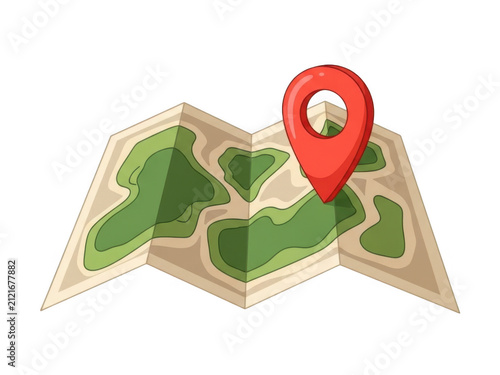 Pixel art map with a red location pin marker