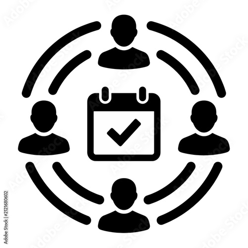 Calendar with a checkmark is surrounded by a group of four people to symbolize team project management.