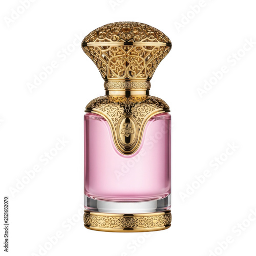 Luxury pink perfume bottle with ornate golden cap