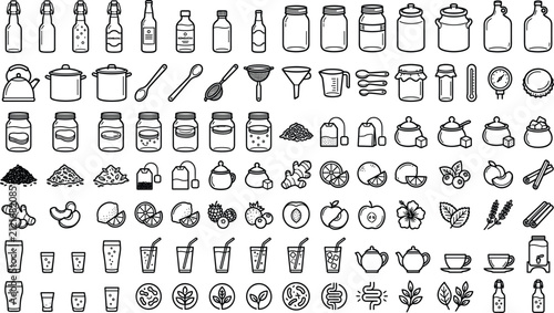 Kombucha Fermentation and Healthy Drink Line Icon Set with Outline Symbols for Organic Beverage Crafting, Gut Health Nutrition, and Botanical Flavoring Ingredients
