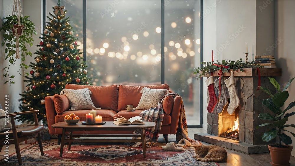 Obraz premium A cozy living room decorated for christmas with a decorated tree a fireplace with stockings and a comfortable sofa with pillows and a blanket on a patterned rug