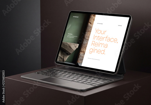 Tablet with Keyboard Mockup Showing UI Design on Dark Background