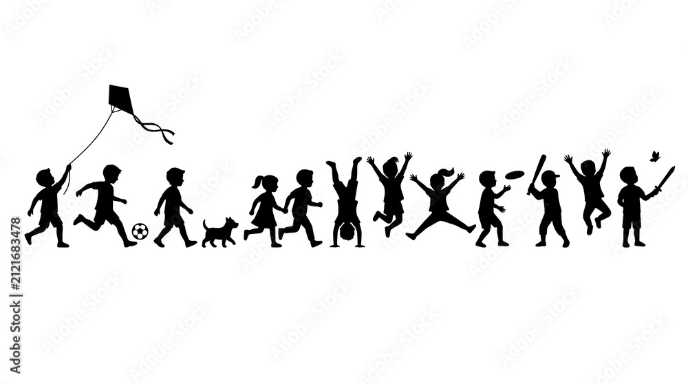 Obraz premium Silhouette Illustration Of Children Playing And Running Outdoors With Kite And Ball