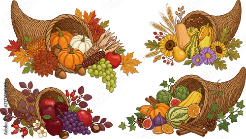 Canvastavla Hand drawn thanksgiving cornucopia vector set featuring colorful autumn harvest