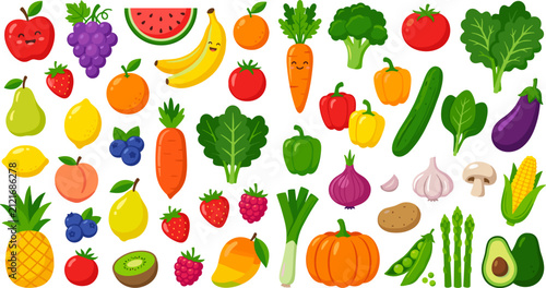 Cute cartoon fruits and vegetables icon set vector illustration featuring fresh organic ingredients strawberry apple banana carrot broccoli for kids nutrition food design