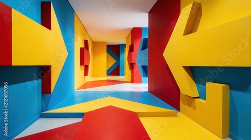 Modern hallway with bright geometric wall decor, large arrows. Yellow red, blue colors create perspective path for navigation. Abstract interior design shows movement, direction. Business office