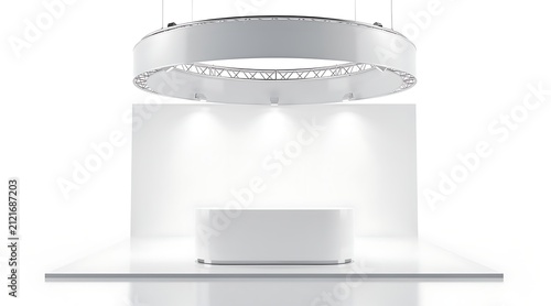Modern minimalist exhibition booth with circular lighting and spotlight illumination.
