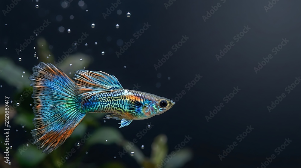 Fototapeta premium Vibrant blue and orange guppy fish swimming gracefully through clear aquarium water with tiny bubbles in a dark moody setting