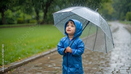 Little Child in Raincoat Holding Clear Umbrella Under Heavy Rain Outdoor