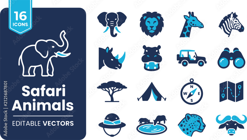 Obraz premium Premium collection of safari adventure and wild animal line icons including elephant, lion, giraffe, zebra, and outdoor camping symbols