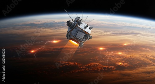 Satellite orbits Earth during a dark night while emitting bright golden exhaust flames over glowing continents.