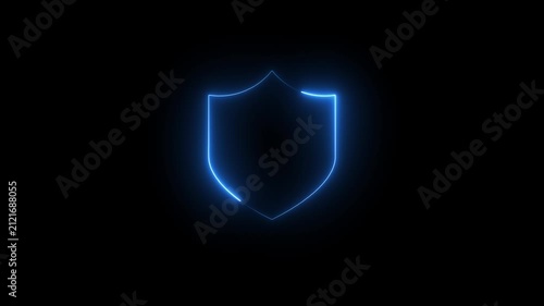 Neon blue shield animation cyber security symbol on black background, Privacy and protection