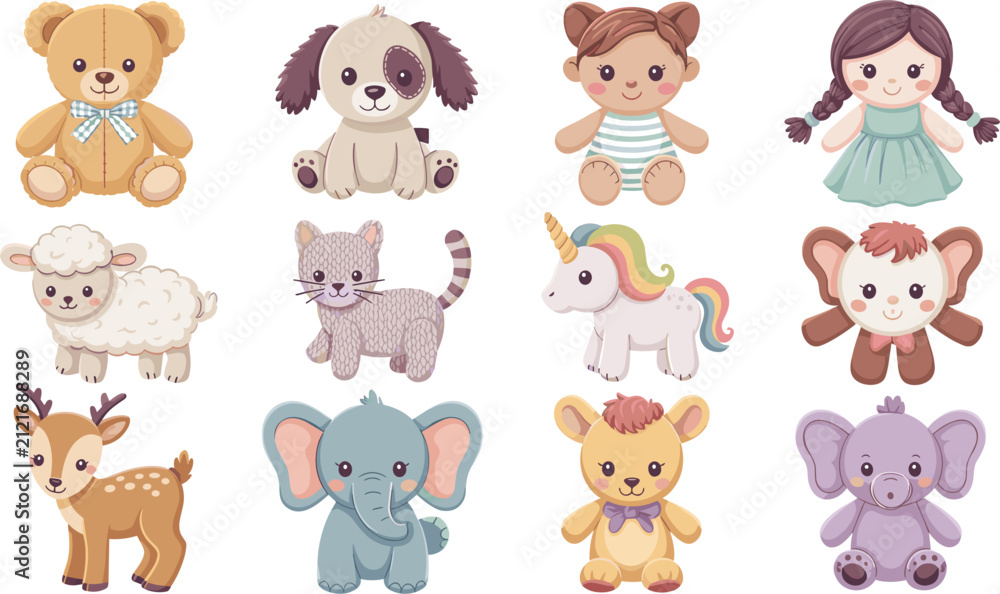 Obraz premium Cute Plush Toys and Stuffed Animals Vector Set with Teddy Bear Puppies Dolls Elephant and Unicorn for Nursery and Baby Shower Graphic Designs