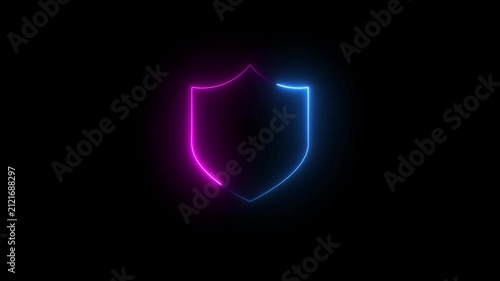 Neon shield animation cyber security symbol on black background, Privacy and protection