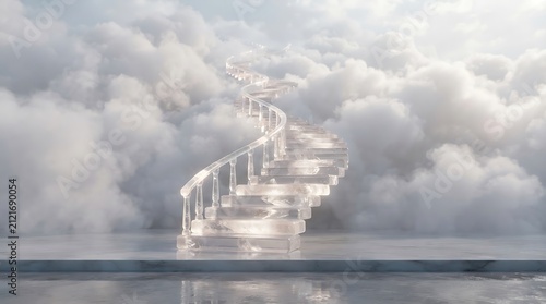 Futuristic translucent sculpture emerging from mist over water. Elegant curved architectural design with fluid organic symmetry for premium branding.