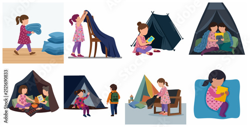 Fotografía Little Girls Building Blanket Fort and Playing Indoor Camping Vector Illustratio
