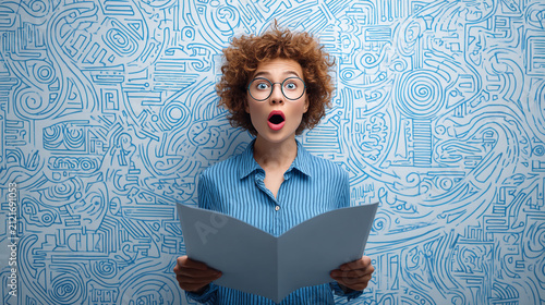 Shocked Young Woman in Glasses Reading Document Against Patterned Background
