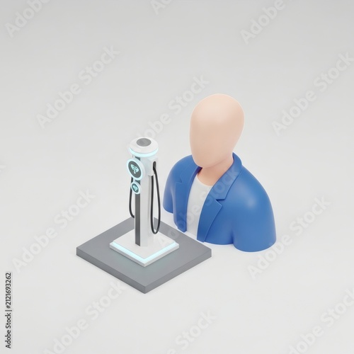 Isometric person standing next to electric vehicle charging station