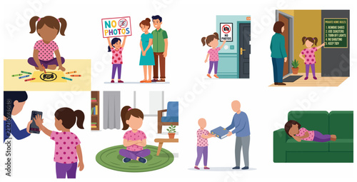 Obraz na plátne Collection of illustrations depicting a young girl asserting privacy rights, no photos policy, and personal boundaries in various social situations