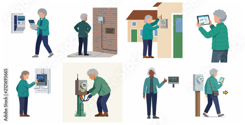 Senior citizens monitoring home energy consumption with smart meters and tablets, flat illustration set