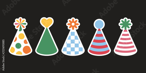 Birthday Party Hat Doodle Sticker Vector with Colorful Celebration Caps for Planners, Notebooks, Journals, Scrapbooks, and Printable Decoration