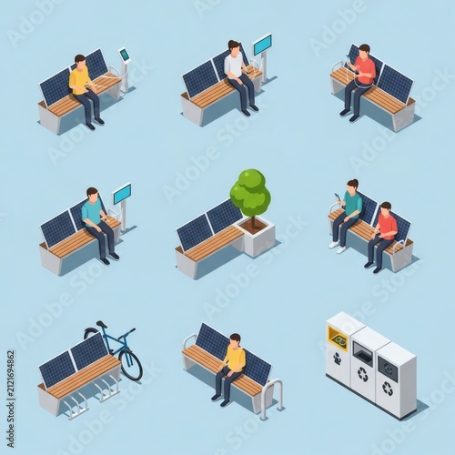 Isometric smart city solar benches and sustainable urban furniture