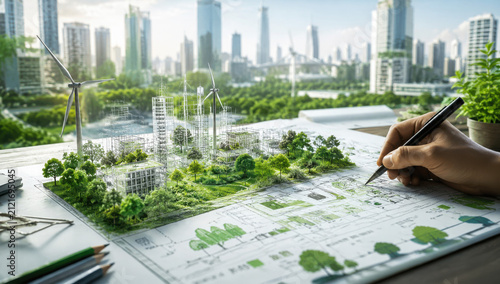 Businessman planning on environmental protection initiative for clean and sustainable future ecology, ESG environmental social governance display on paper chart on eco-friendly company