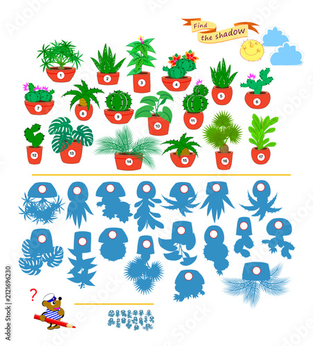 Can you find the shadow of each flower pot? Write the numbers in circles. Best puzzles for kids. Educational game for children. Task for attentiveness. Game Seek and Find. Hand drawn vector image.