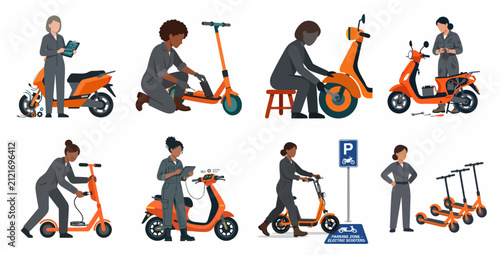 Female mechanics and technicians repairing and maintaining electric scooters and mopeds set