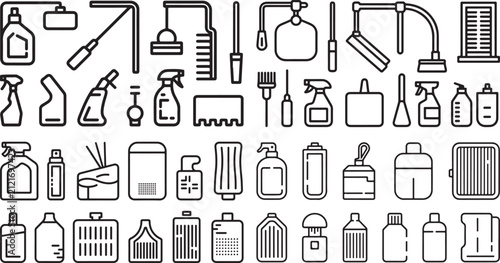 Collection of black and white line art icons representing cleaning and disinfecting tools such as spray bottles scrub brushes mops and sinks for household or commercial hygiene purposes