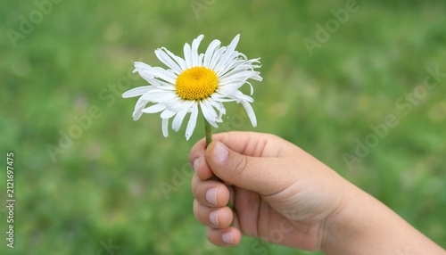 Child holding a beautiful white daisy flower with a yellow center outdoors