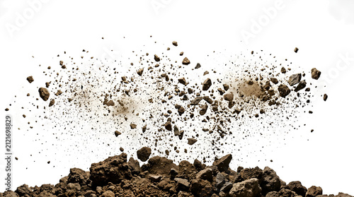 Explosion of rocks and dirt debris against transparent background.