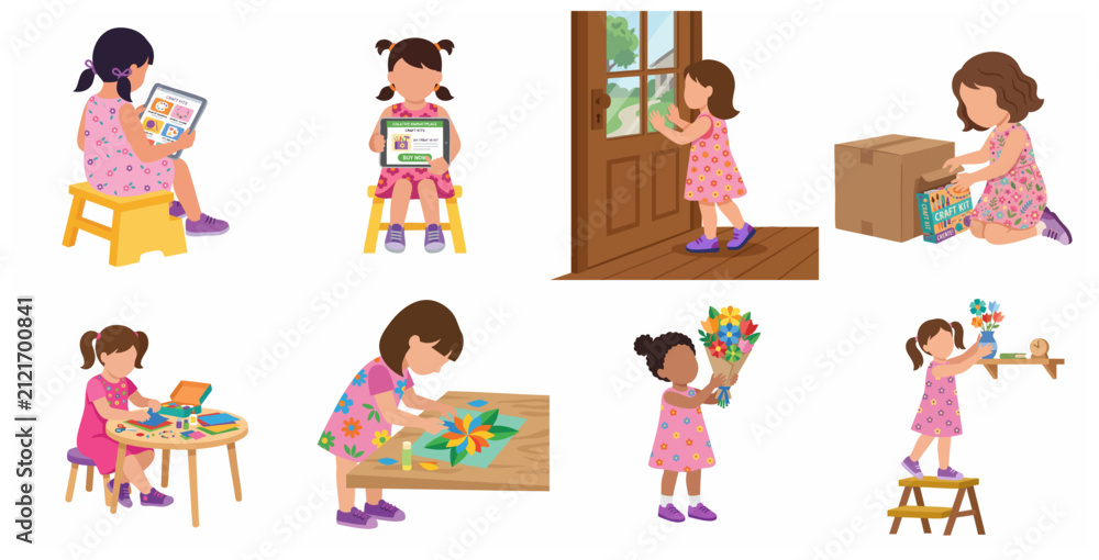 Fototapeta premium Children Creative Hobby Set: Girl Ordering, Receiving, Unboxing, and Creating DIY Craft Kits and Flower Arrangements Flat Vector Illustration