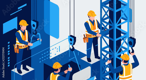 Construction workers on site with equipment and scaffolding in modern flat design