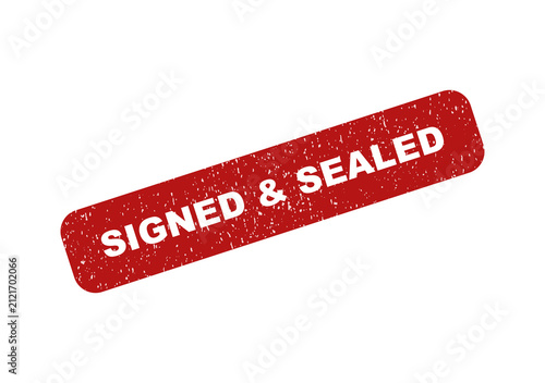 Red textured rubber stamp icon with the words signed and sealed