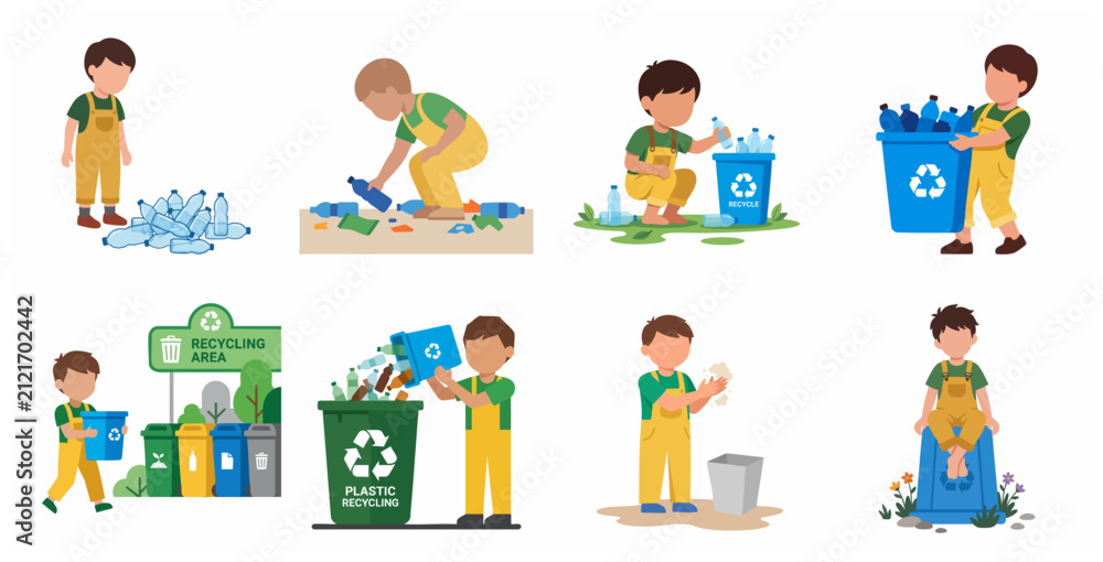 Fototapeta premium Set of flat vector illustrations of a boy collecting, sorting, and recycling plastic bottles for environmental protection and waste management education.