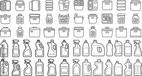 Collection of Various Cleaning Supplies and Household Containers Including Bottles Cans and Jars for Kitchen and Bathroom Organization