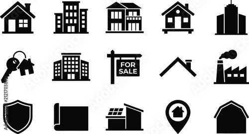 Real Estate and Property Icon Set Featuring House, Apartment, Key, Roof, and For Sale Signs for Websites, Apps, and Business Branding
