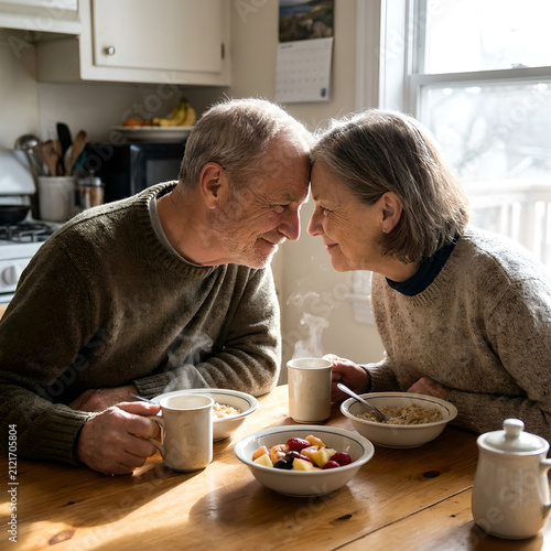 Senior couple shares a tender morning moment, leaning their foreheads together over steaming bowls of oatmeal and fresh fruit at a rustic wooden kitchen table bathed in soft, natural light.