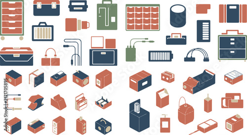 Collection of various electronic devices gadgets cables batteries and office supplies set for technology and workspace related concepts
