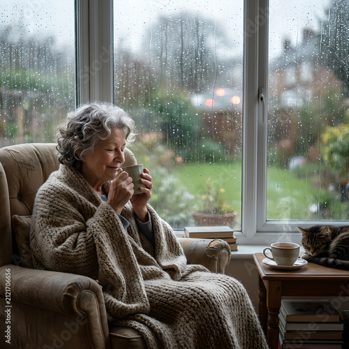 Elderly woman wrapped in a knitted wool blanket holds a steaming ceramic mug while looking out at the rain through a window in a cozy living room.