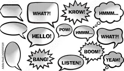 Fotografie Collection Of Comic Speech Bubbles With Various Exclamations And Sounds Isolated