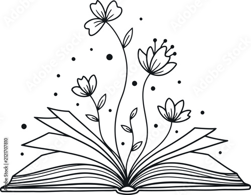 Open book with flowers blooming from pages illustration