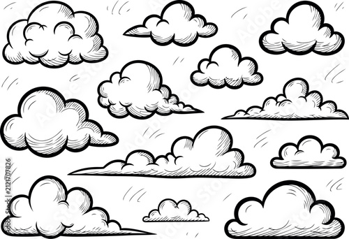 Collection of hand drawn sketchy clouds in various shapes