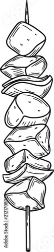 Hand drawn sketch of a skewered chicken kebab on a white background