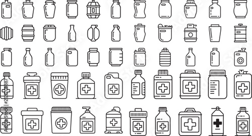 Collection of Various Medicine Bottles and Containers with Different Shapes Sizes and Labels Suitable for Healthcare and Pharmacology Concepts