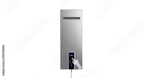 Panel heater stands vertically with a brushed silver finish while a human hand adjusts the touch control.